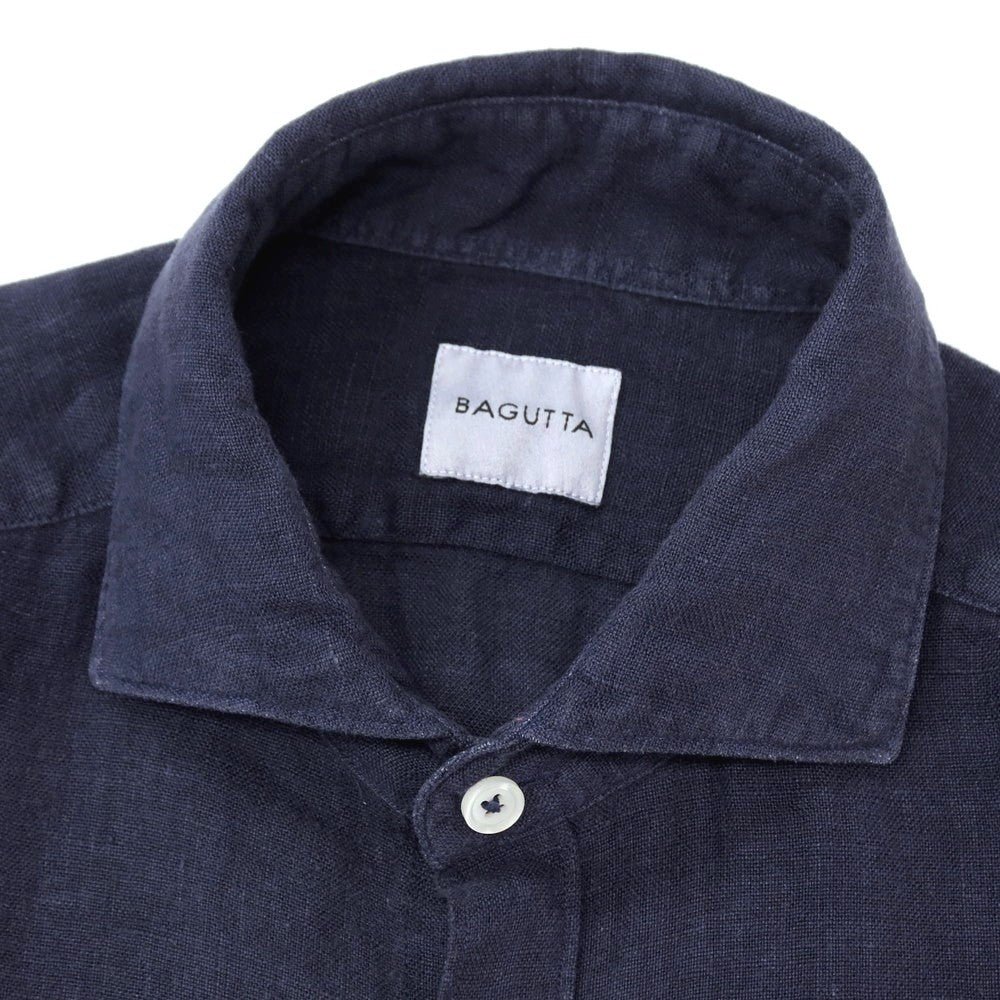 【新品アウトレット】バグッタ Bagutta BERLINO REG リネン ワイドカラー カジュアルシャツ ネイビー【サイズ40】【 状態ランクN- 】【 メンズ 】