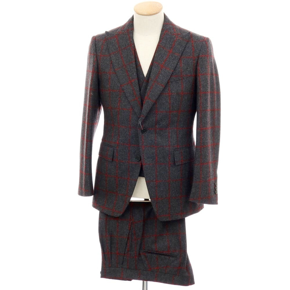 【中古】ユニバーサルランゲージ UNIVERSAL LANGUAGE ウール チェック スリーピース 2つボタンスーツ ダークグレーxレッド【 JK48/VE44/PT76 】【 状態ランクA 】【 メンズ 】