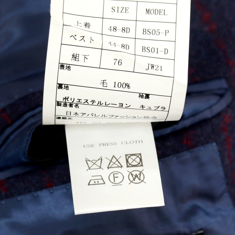 【中古】ユニバーサルランゲージ UNIVERSAL LANGUAGE ウール ストライプ スリーピース 2つボタンスーツ ネイビーxレッド【 JK48/VE44/PT76 】【 状態ランクA 】【 メンズ 】