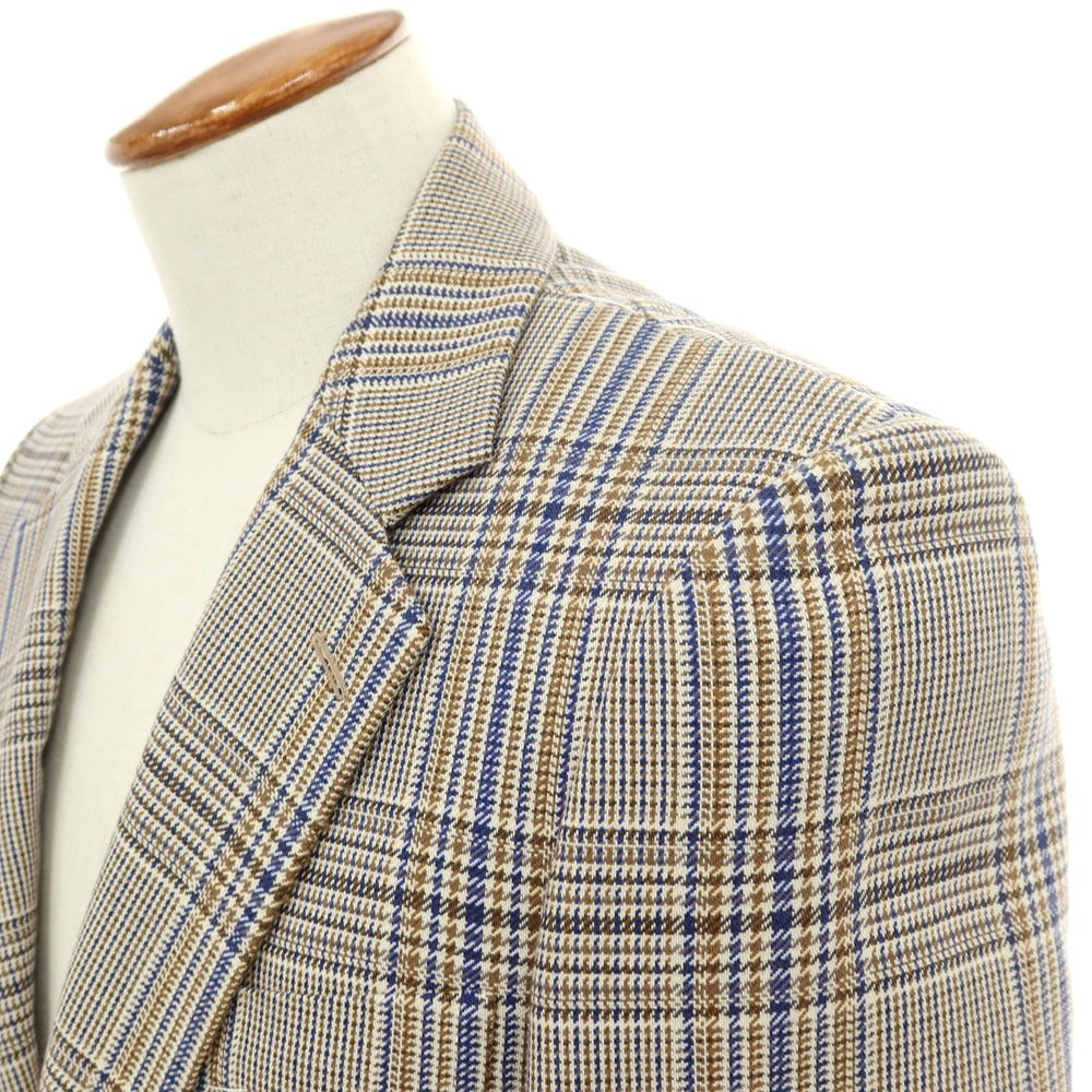 【中古】【未使用】トゥモローランド TOMORROWLAND PILGRIM コットン チェック 2B テーラードジャケット ブラウンxロイヤルブルー【サイズ46】【 状態ランクS 】【 メンズ 】
