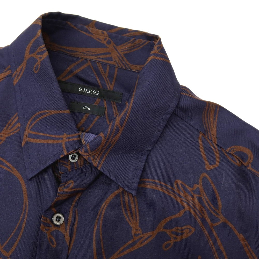 【中古】グッチ GUCCI シルク ホース プリント レギュラーカラー カジュアルシャツ ネイビーxブラウン【サイズ40】【 状態ランクC 】【 メンズ 】