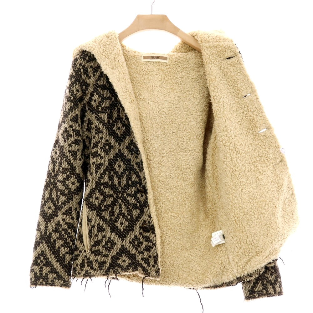 【中古】ヌール noue-rue ウール 裏ボア フーデッド ニットブルゾン ブラウンxベージュ【 46 】【 状態ランクC 】【 メンズ 】