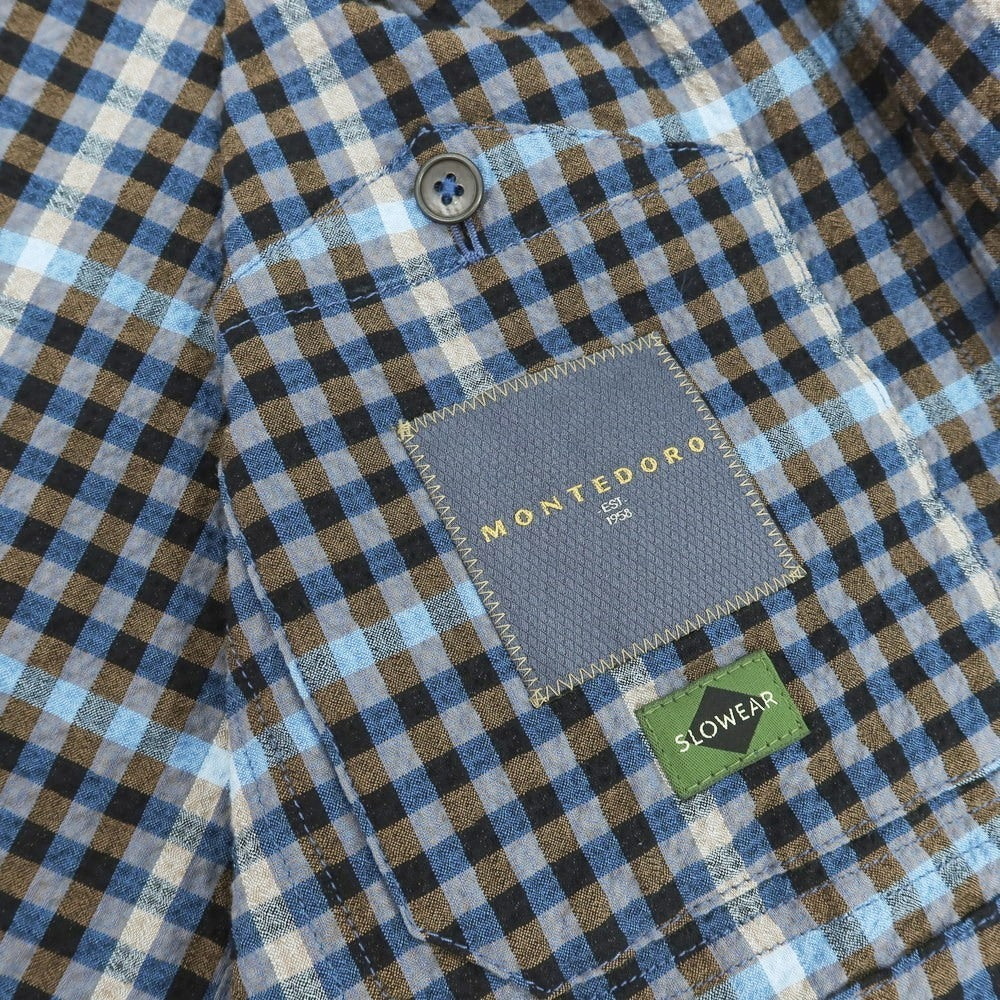 【新品】モンテドーロ Montedoro ストレッチコットンナイロン シアサッカー チェック カバーオール ネイビー系xブラウン【 50 】【 状態ランクN 】【 メンズ 】