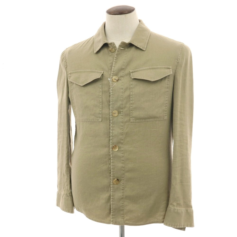 【新品アウトレット】パオローニ PAOLONI ストレッチ リネンコットン カジュアルシャツ カーキ【 50 】【 状態ランクN- 】【 メンズ 】
