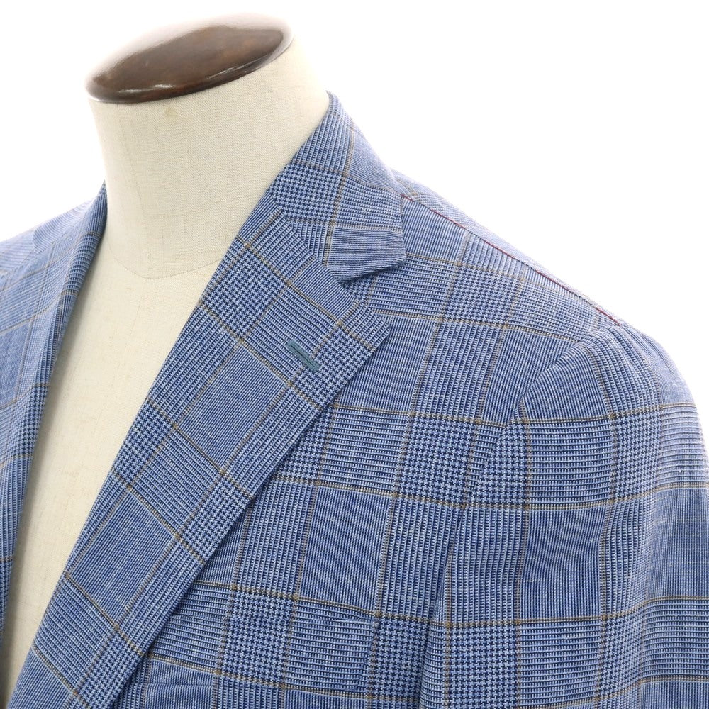 【新品】ラバッツォーロ RAVAZZOLO ウールシルクリネン グレンチェック 2B テーラードジャケット ライトブルー【サイズ50】【 状態ランクN 】【 メンズ 】