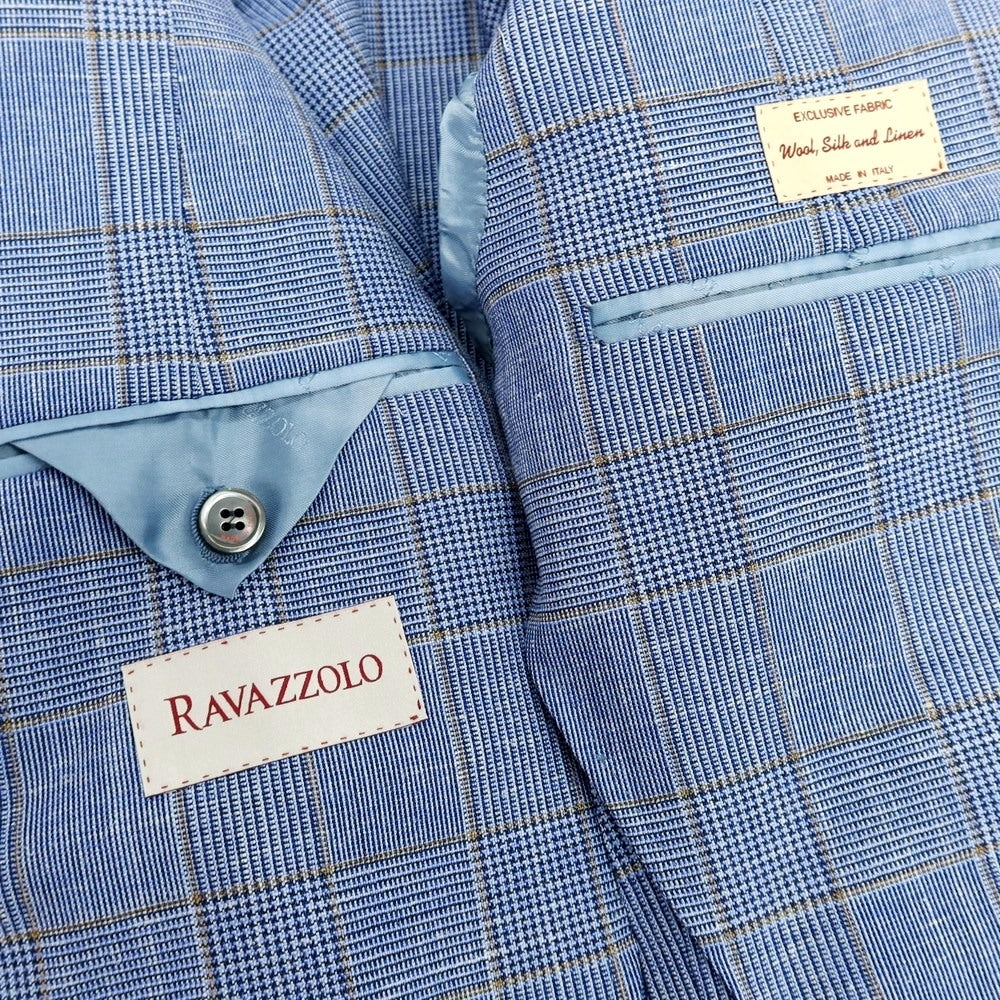 【新品】ラバッツォーロ RAVAZZOLO ウールシルクリネン グレンチェック 2B テーラードジャケット ライトブルー【サイズ50】【 状態ランクN 】【 メンズ 】