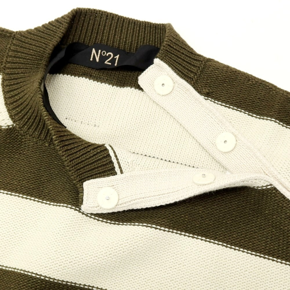 【新品】ヌメロ ヴェントゥーノ N°21 コットンナイロン ボーダー プルオーバーニット オリーブxアイボリー【 46 】【 状態ランクN 】【 メンズ 】