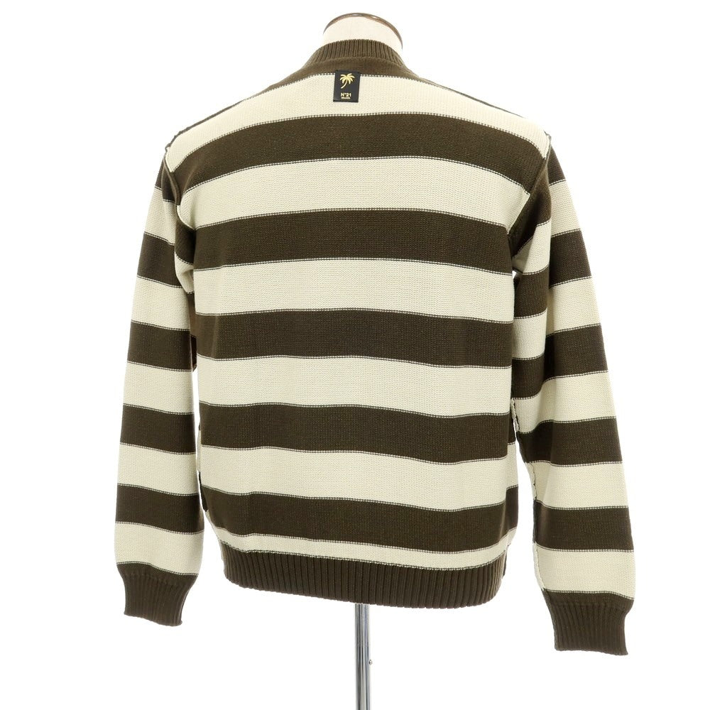 【新品】ヌメロ ヴェントゥーノ N°21 コットンナイロン ボーダー プルオーバーニット オリーブxオフホワイト【 50 】【 状態ランクN 】【 メンズ 】