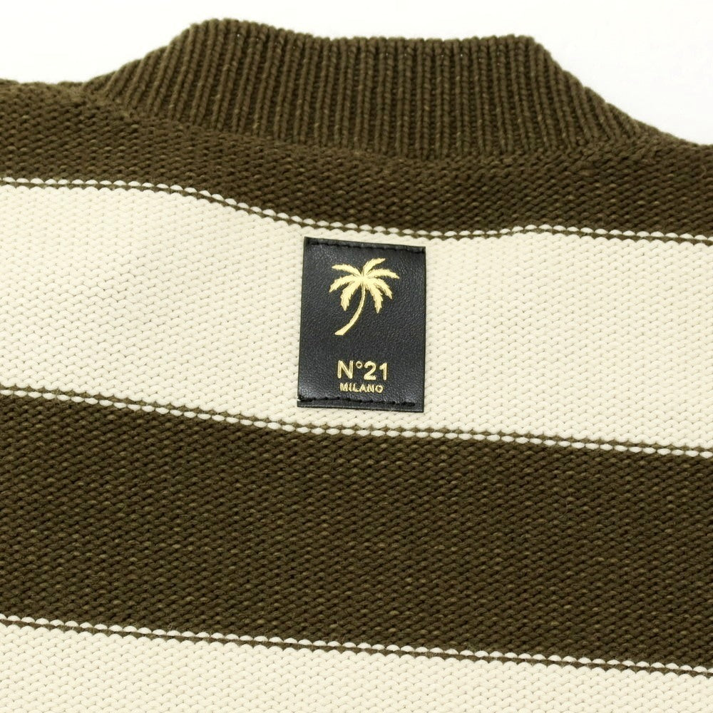 【新品】ヌメロ ヴェントゥーノ N°21 コットンナイロン ボーダー プルオーバーニット オリーブxオフホワイト【 50 】【 状態ランクN 】【 メンズ 】