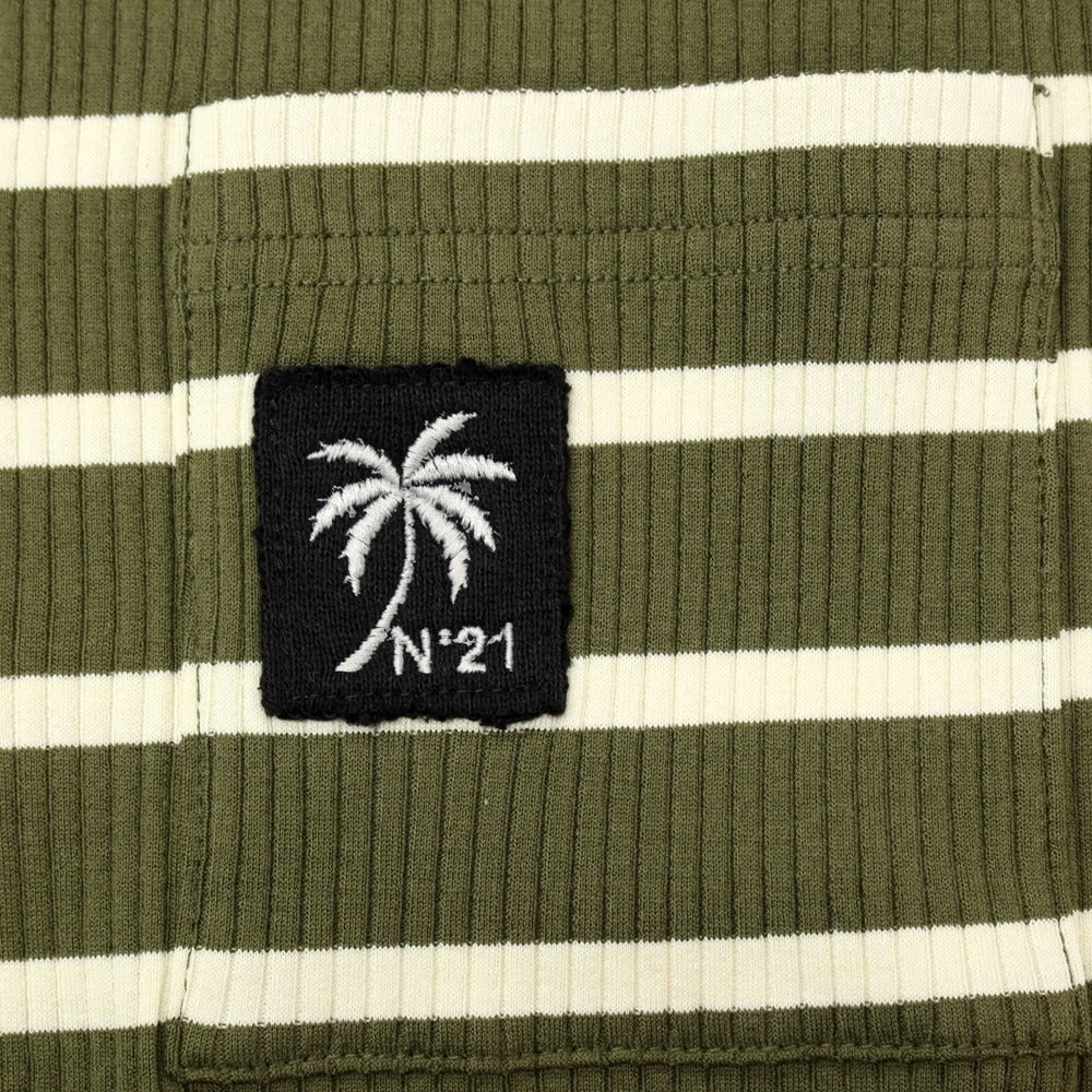 【新品】ヌメロ ヴェントゥーノ N°21 コットンジャージー ボーダー クルーネック リブ ポケット 半袖Tシャツ オリーブxアイボリー【 S 】【 状態ランクN 】【 メンズ 】
