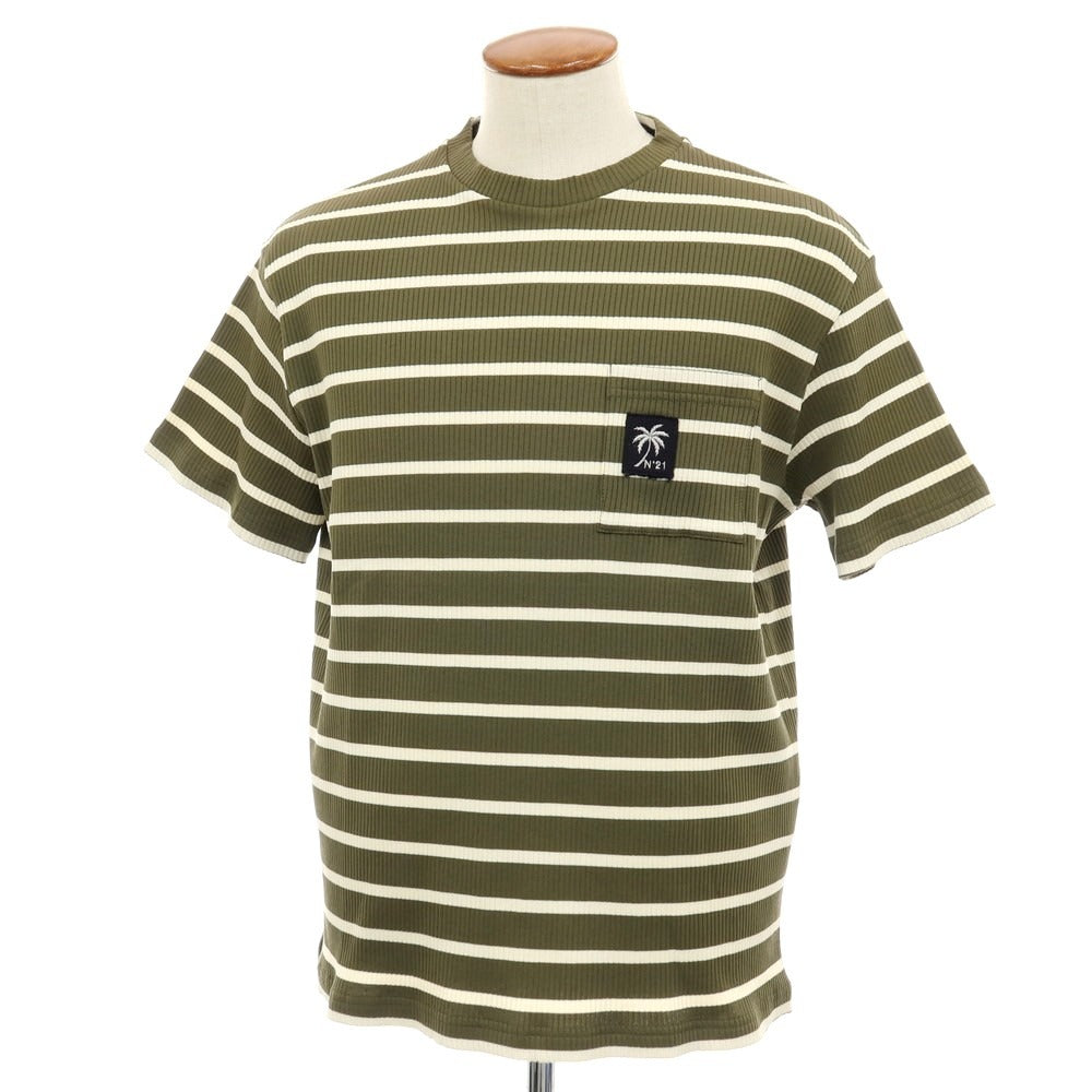 【新品アウトレット】ヌメロ ヴェントゥーノ N°21 コットンジャージー ボーダー クルーネック リブ ポケット 半袖Tシャツ オリーブxアイボリー【 M 】【 状態ランクN- 】【 メンズ 】