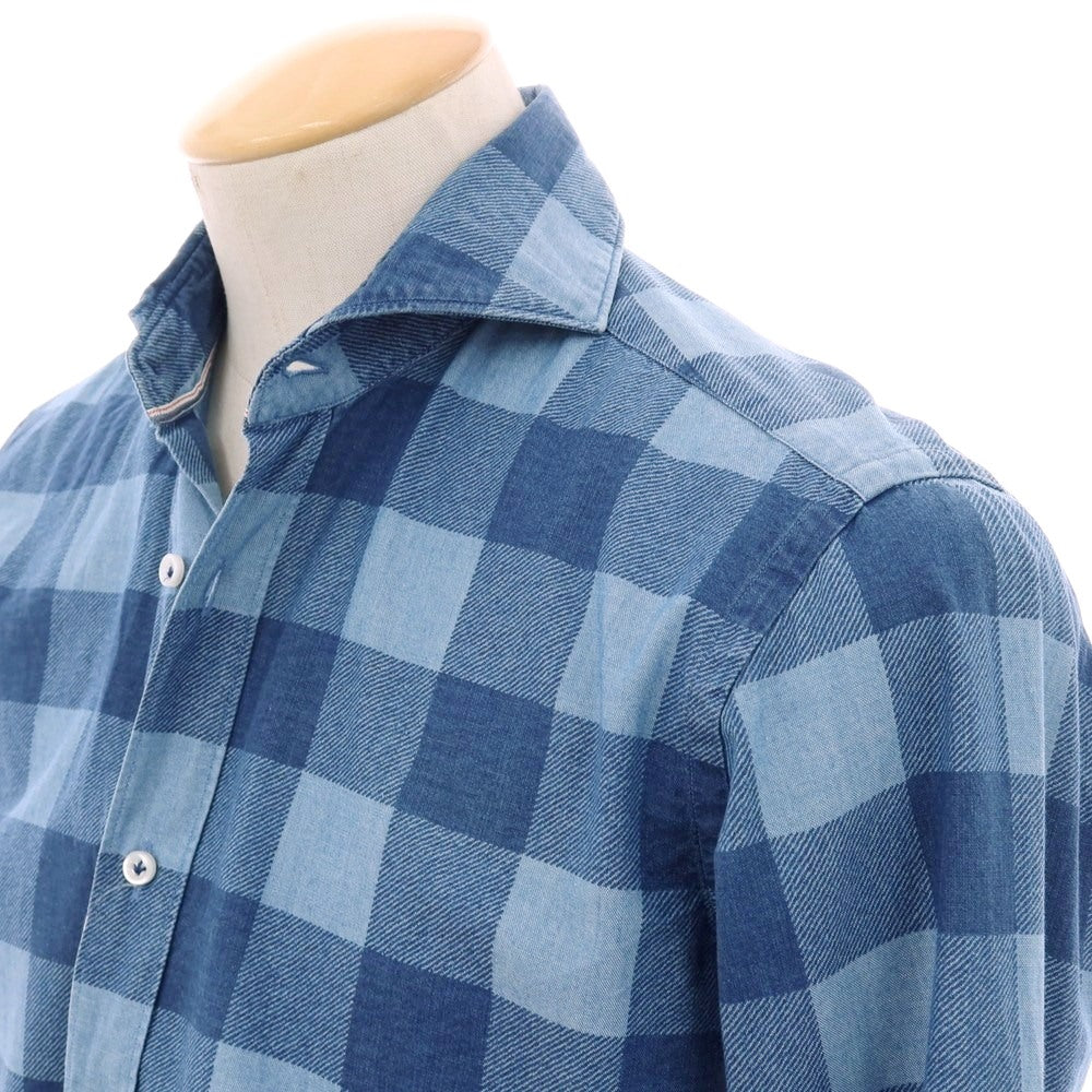 【中古】オリアン ORIAN コットン チェック ホリゾンタルカラー カジュアルシャツ ブルー系【サイズS】【 状態ランクB 】【 メンズ 】