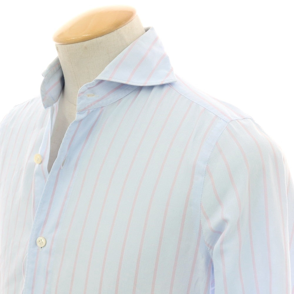 【中古】フィナモレ Finamore コットン ストライプ ホリゾンタルカラー カジュアルシャツ ライトブルーxピンク【サイズ表記なし(XS位)】【 状態ランクC 】【 メンズ 】