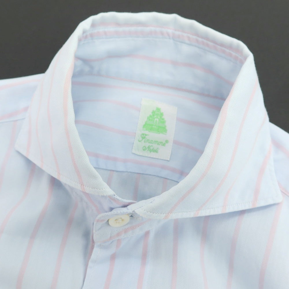【中古】フィナモレ Finamore コットン ストライプ ホリゾンタルカラー カジュアルシャツ ライトブルーxピンク【サイズ表記なし(XS位)】【 状態ランクC 】【 メンズ 】