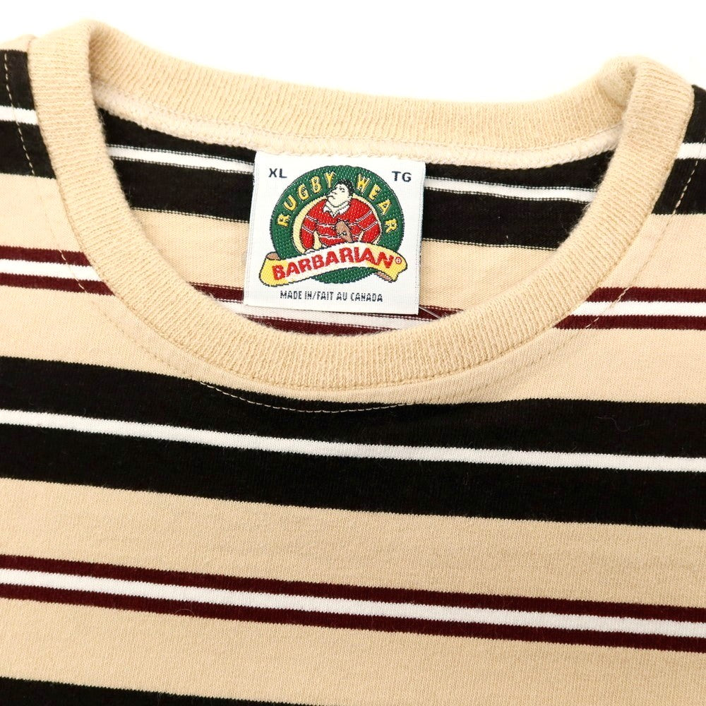 【中古】バーバリアン Barbarian コットン ボーダー クルーネック 長袖Tシャツ ベージュxブラック【 XL 】【 状態ランクC 】【 メンズ 】