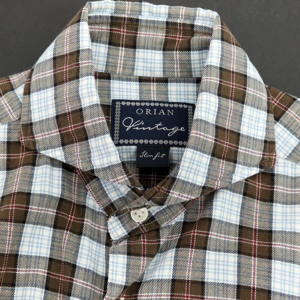 【中古】オリアン ORIAN コットン チェック ホリゾンタルカラー カジュアルシャツ ブラウンxホワイト【サイズXS】【 状態ランクC 】【 メンズ 】