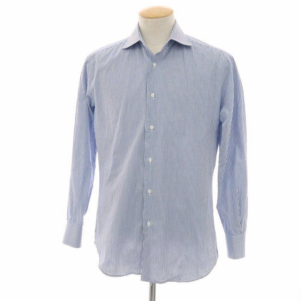 【中古】グローバルスタイル GLOBAL STYLE コットン系 ストライプ ワイドカラー ドレスシャツ ブルーxホワイト【サイズ表記なし(S位)】【 状態ランクB 】【 メンズ 】