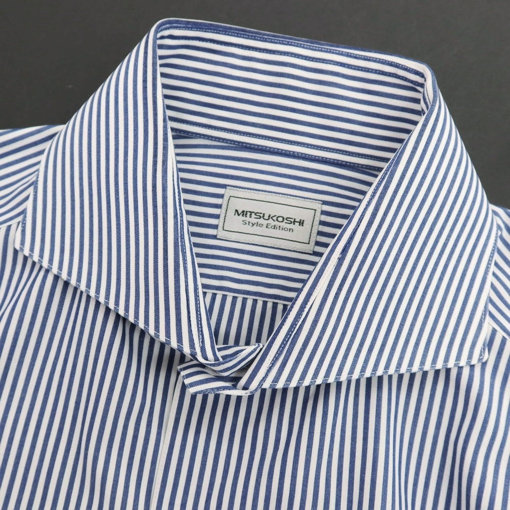 【中古】ミツコシ MITSUKOSHI コットン ストライプ ホリゾンタルカラー ドレスシャツ ネイビーxホワイト【サイズ表記なし(M位)】【 状態ランクB 】【 メンズ 】