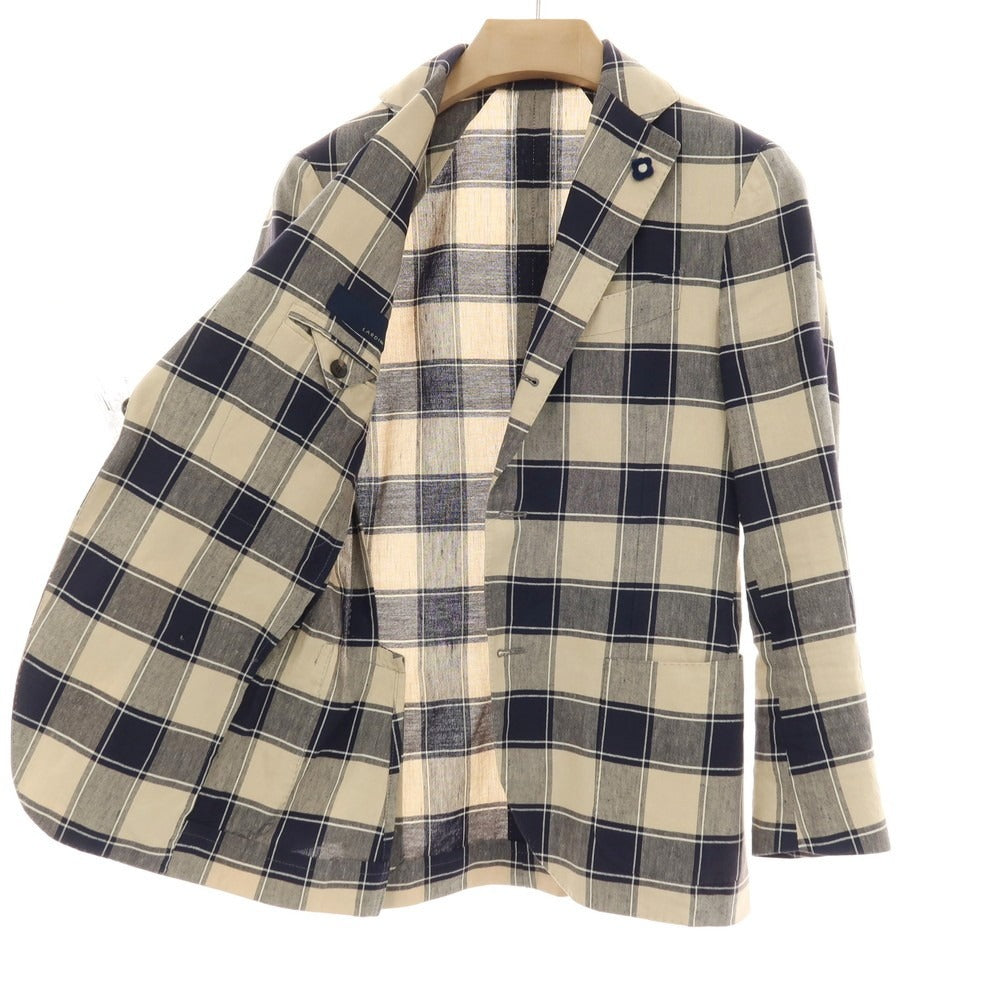 【中古】ラルディーニ LARDINI コットンリネン チェック 3B テーラードジャケット ネイビーxベージュ【サイズ42 REG】【 状態ランクB 】【 メンズ 】