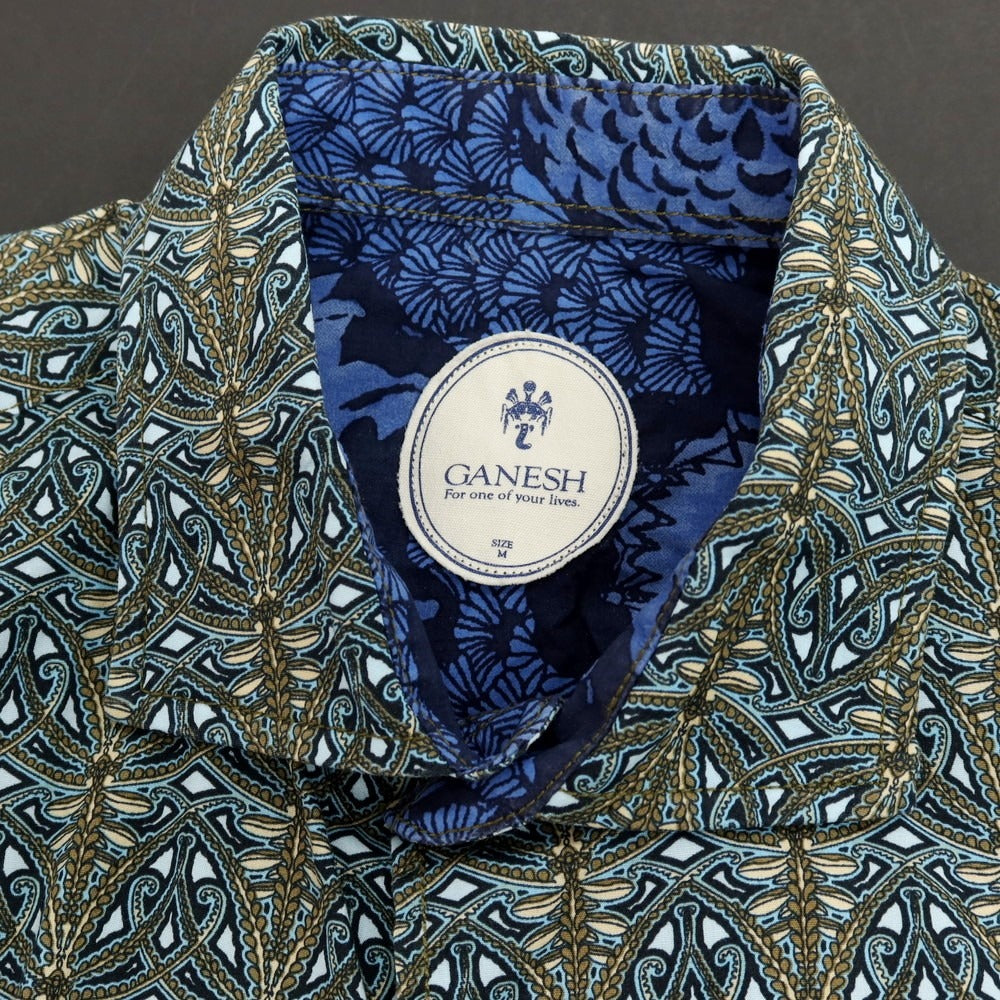 【中古】ガネーシュ ganesh ストレッチ コットン 総柄 プリント カジュアルシャツ ネイビー【サイズM】【 状態ランクB 】【 メンズ 】