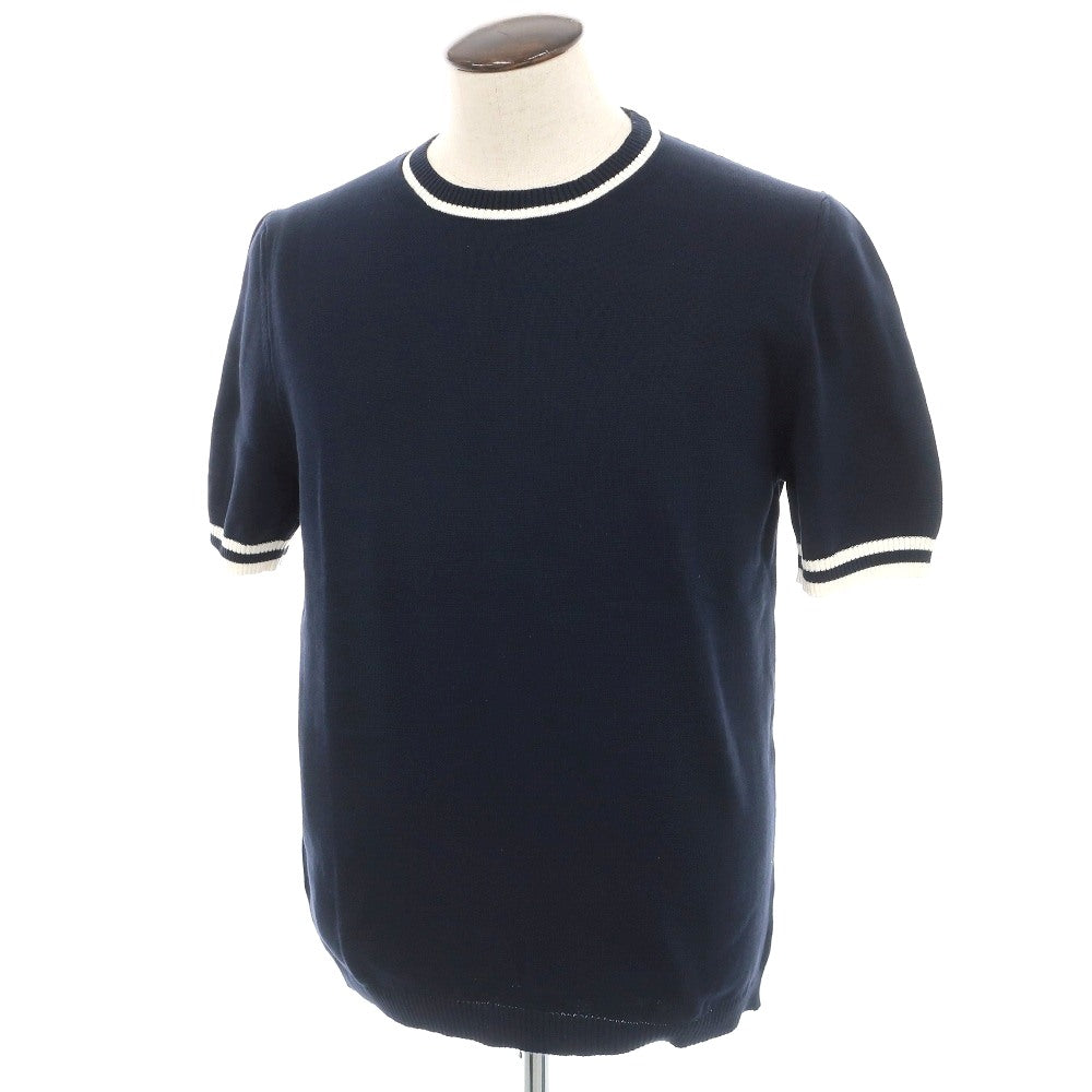 【新品】スカリオーネ SCAGLIONE コットン クルーネック 半袖 プルオーバーニット ネイビーxホワイト【サイズXL】【 状態ランクN 】【 メンズ 】