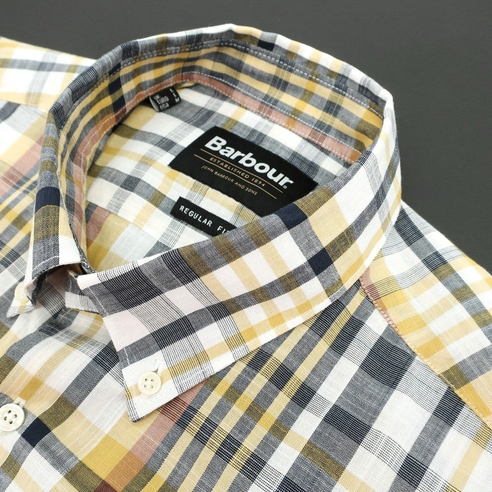 【新品】バブアー Barbour コットン チェック ボタンダウン 半袖シャツ オレンジイエローxネイビー【サイズL(UK)】【 状態ランクN 】【 メンズ 】