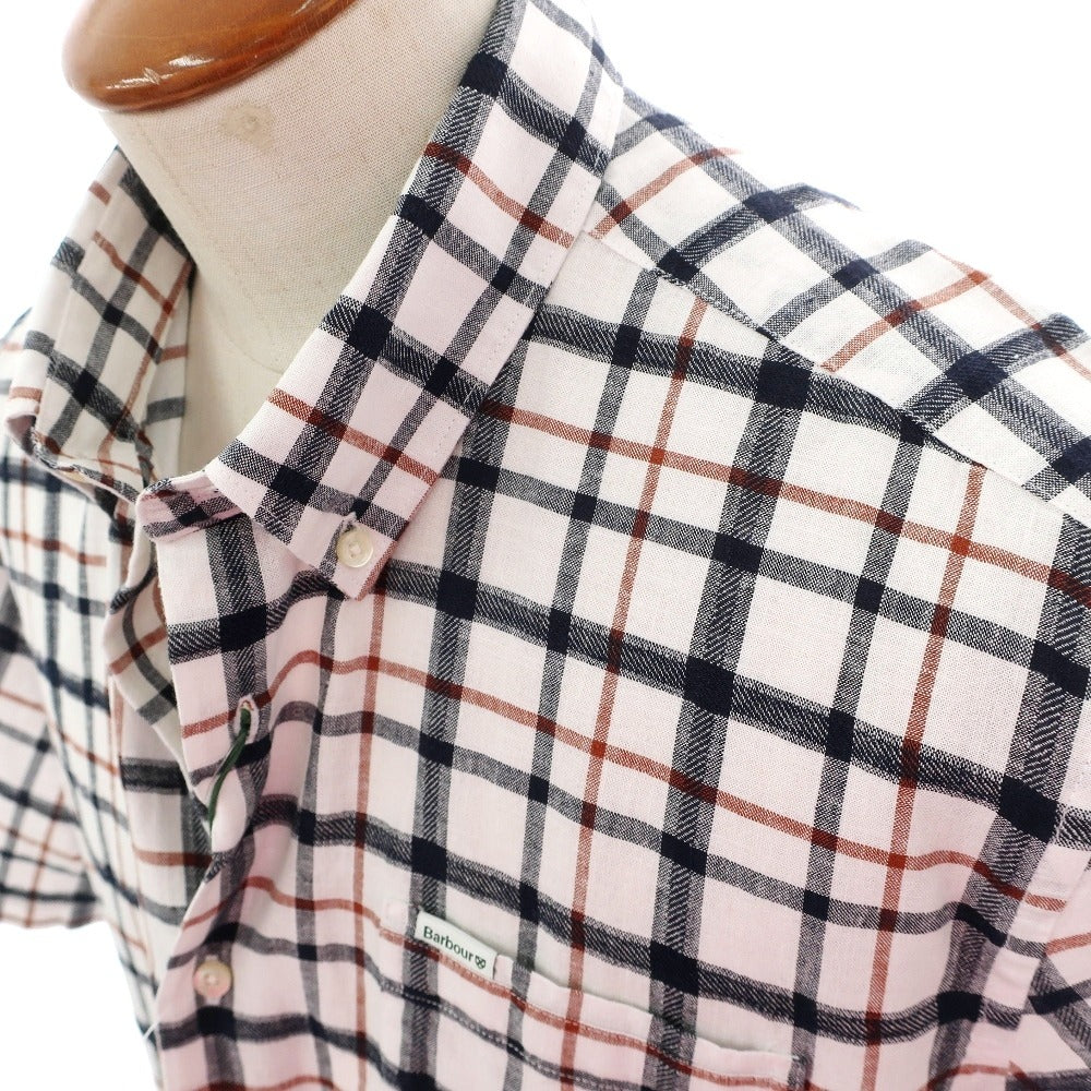 【新品】バブアー Barbour リネンコットン チェック ボタンダウン 半袖シャツ ホワイトxネイビー【サイズM(UK)】【 状態ランクN 】【 メンズ 】