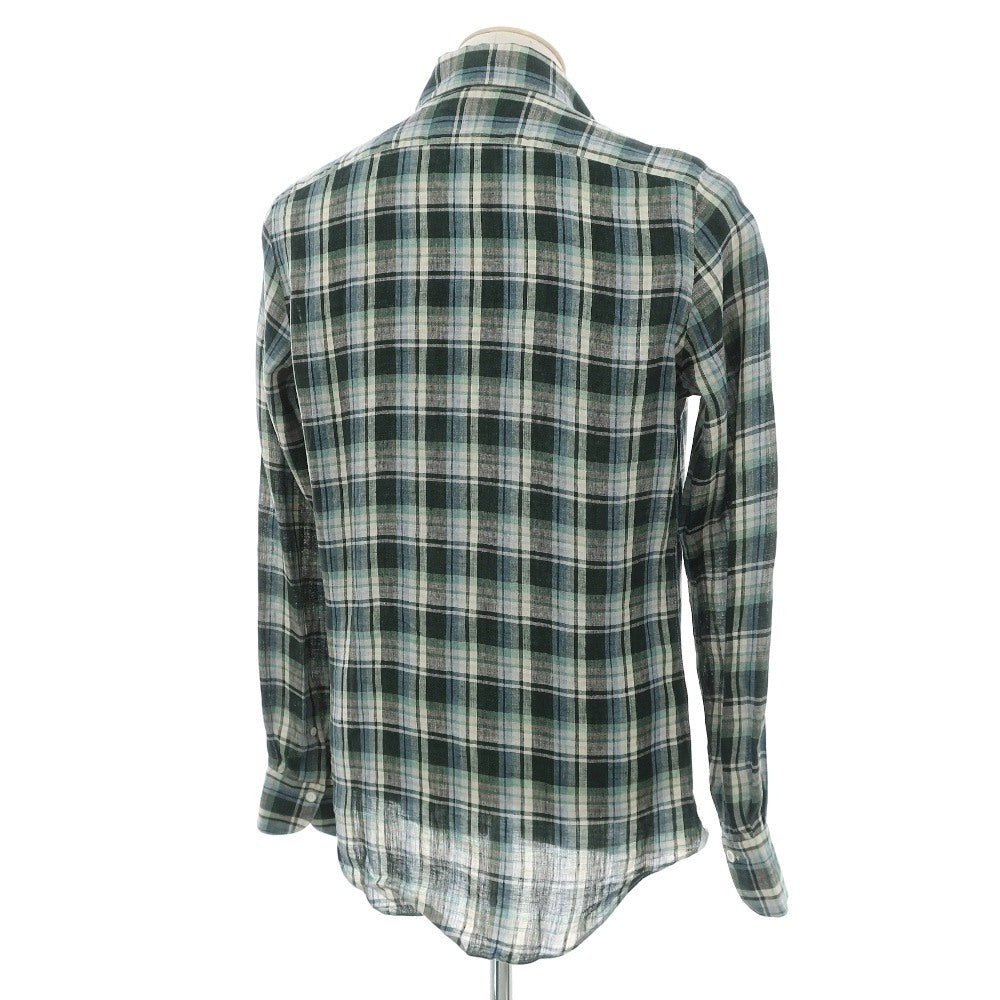 【新品】フィナモレ Finamore リネン チェック 隠しボタンダウン イタリアンカラー カジュアルシャツ グリーンxベージュ【サイズ38】【 状態ランクN 】【 メンズ 】