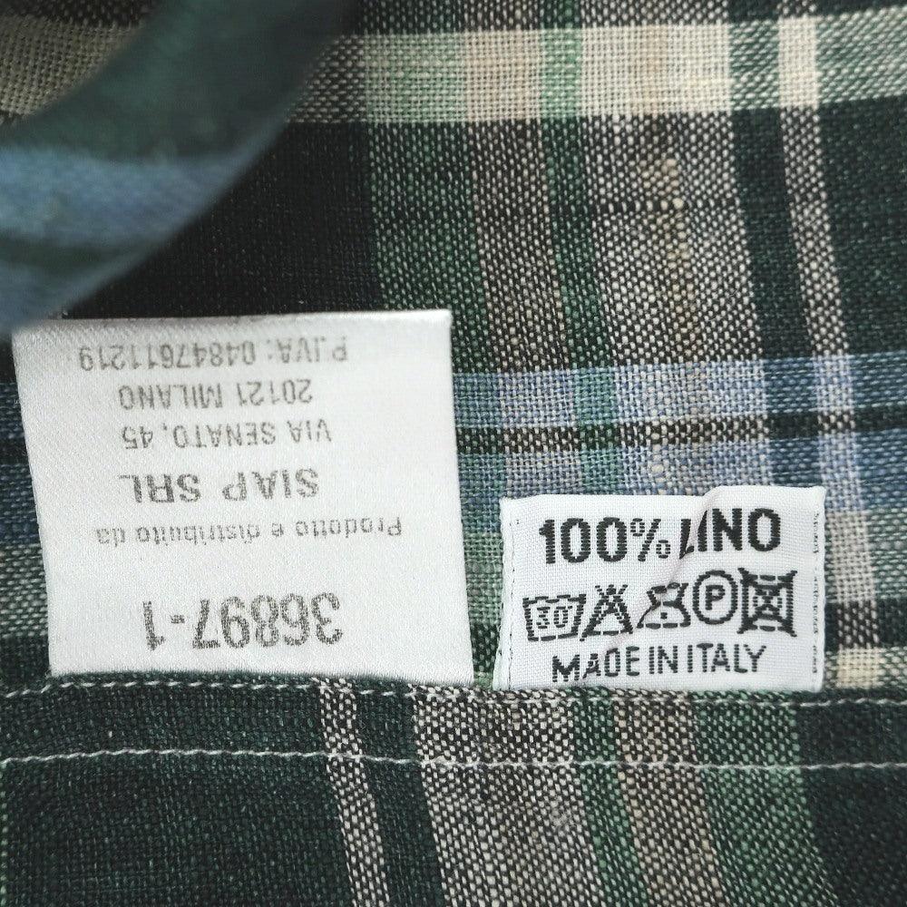 【新品】フィナモレ Finamore リネン チェック 隠しボタンダウン イタリアンカラー カジュアルシャツ グリーンxベージュ【サイズ38】【 状態ランクN 】【 メンズ 】