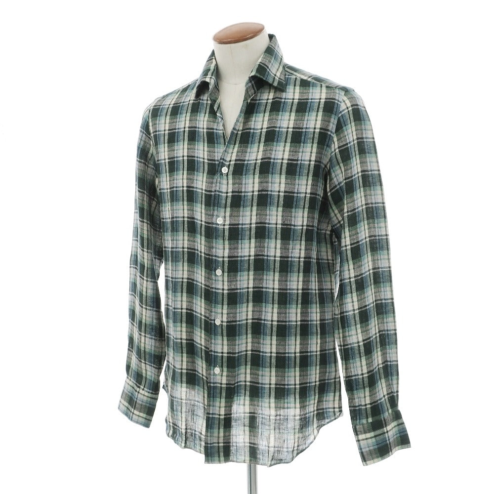 【新品】フィナモレ Finamore リネン チェック 隠しボタンダウン イタリアンカラー カジュアルシャツ グリーンxベージュ【サイズ40】【 状態ランクN 】【 メンズ 】