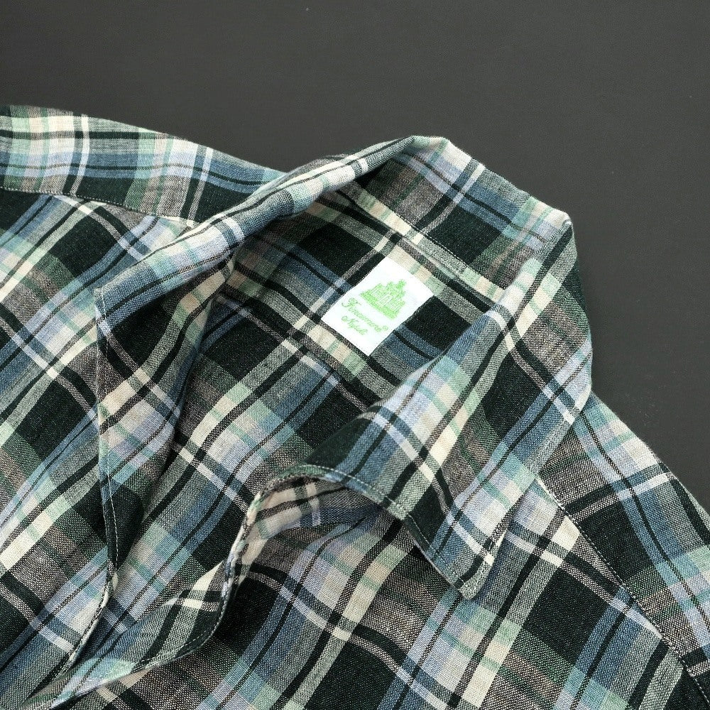 【新品】フィナモレ Finamore リネン チェック 隠しボタンダウン イタリアンカラー カジュアルシャツ グリーンxベージュ【サイズ40】【 状態ランクN 】【 メンズ 】