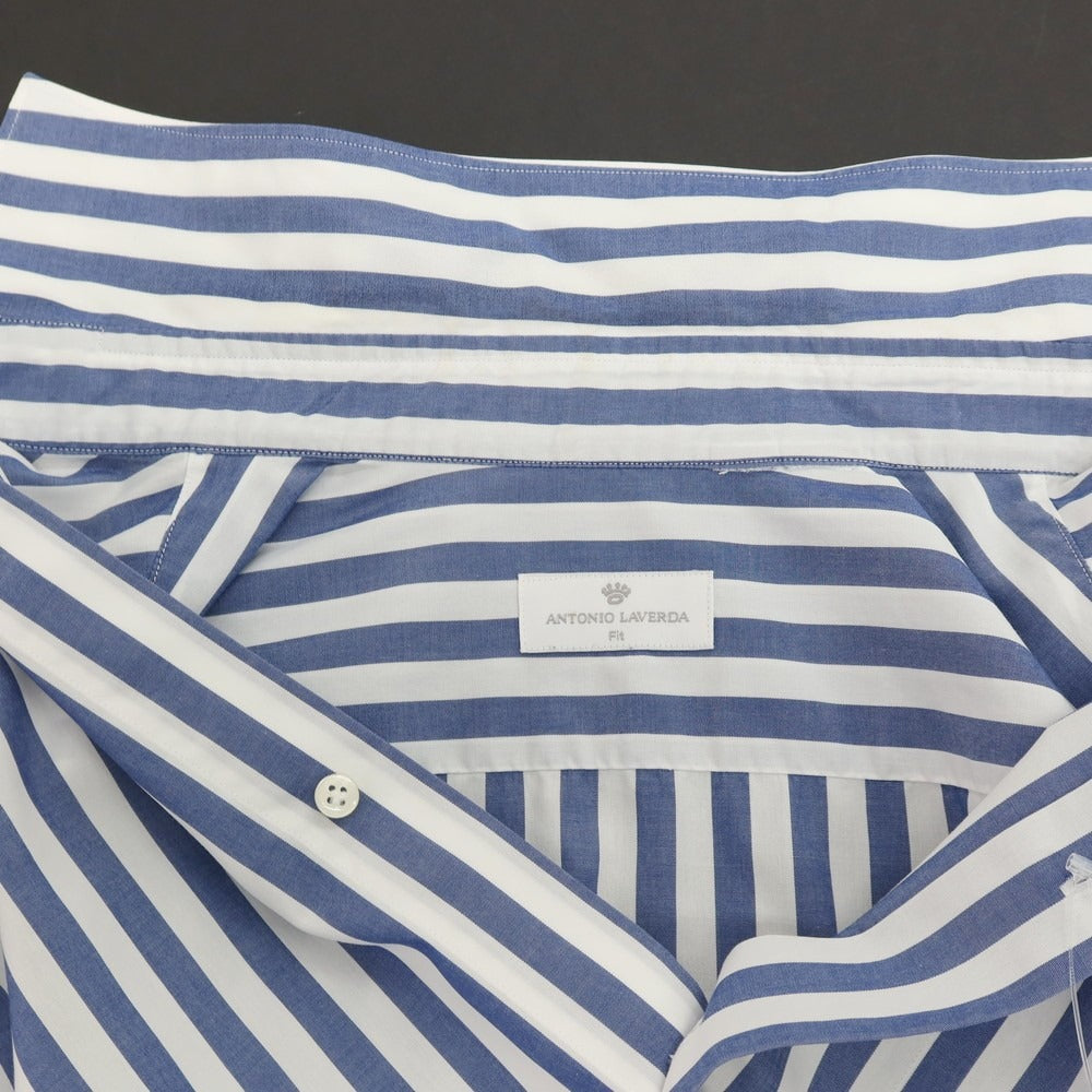 【中古】アントニオ ラベルダ ANTONIO LAVERDA コットン ストライプ ワイドカラー ドレスシャツ ネイビーxホワイト【サイズ表記なし(XS位)】【 状態ランクC 】【 メンズ 】