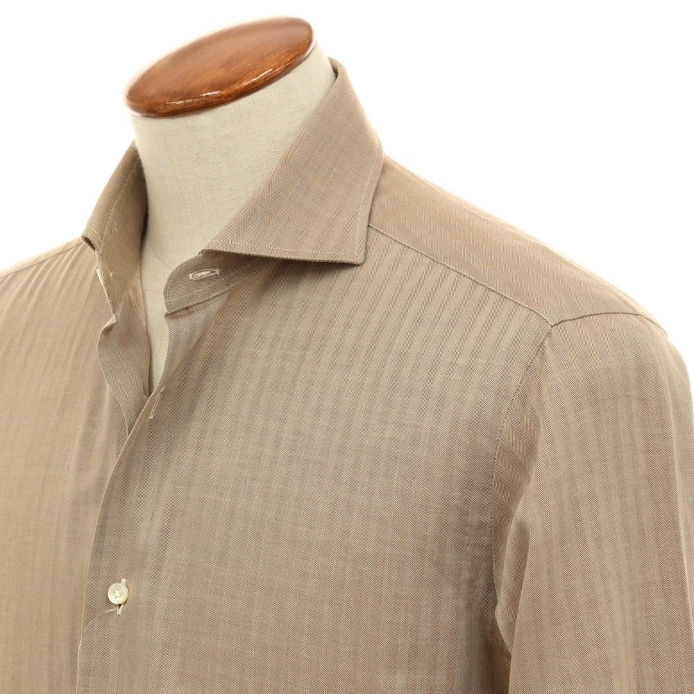 【中古】バルバ BARBA コットン ヘリンボーンストライプ ワイドカラー ドレスシャツ ライトブラウン【サイズ39】【 状態ランクB 】【 メンズ 】