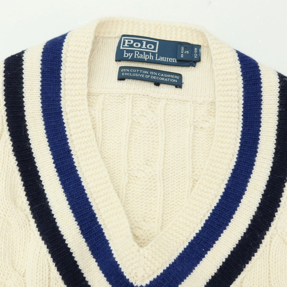 【中古】ポロ ラルフローレン Polo Ralph Lauren ケーブル編み コットンカシミヤ Vネック ニットベスト オフホワイトxネイビー【サイズM】【 状態ランクB 】【 メンズ 】