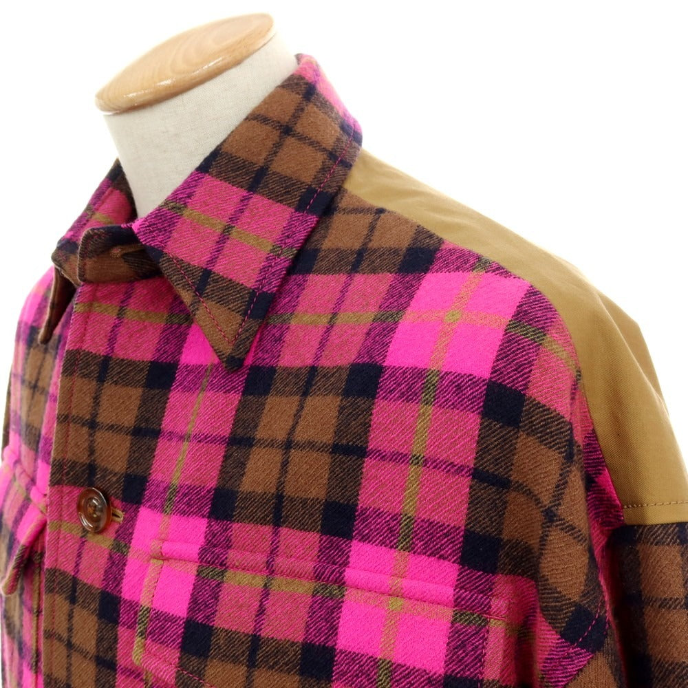 【中古】トゥモローランド TOMORROWLAND ウール×コットン チェック 切り替え ミリタリージャケット 蛍光ピンクxブラウン【サイズS】【 状態ランクB 】【 メンズ 】