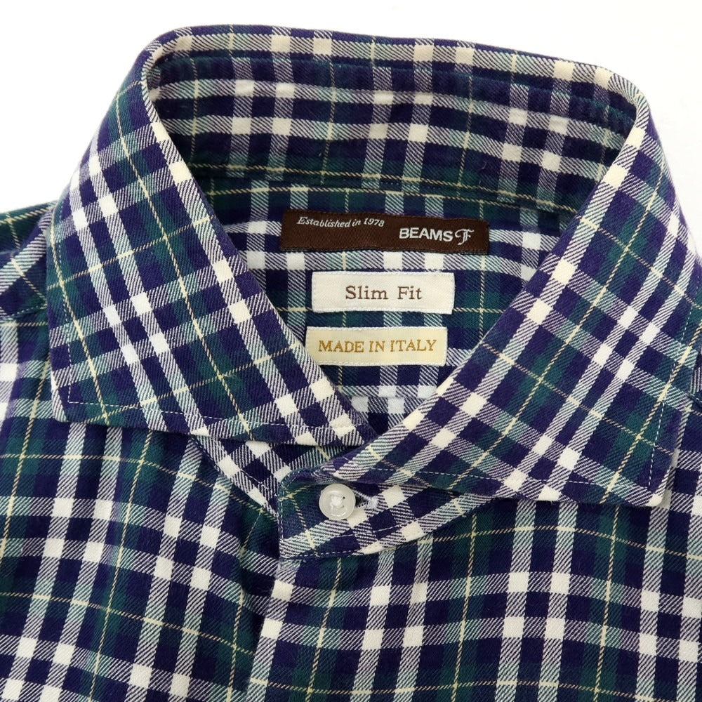 【中古】ビームスエフ BEAMS F コットン チェック ホリゾンタルカラー カジュアルシャツ ネイビーxグリーン【サイズM】【 状態ランクC 】【 メンズ 】