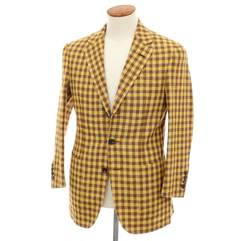 【中古】カルーゾ CARUSO シルクリネンナイロン チェック 3B テーラードジャケット イエローxブラウン【サイズ46】【 状態ランクB 】【 メンズ 】