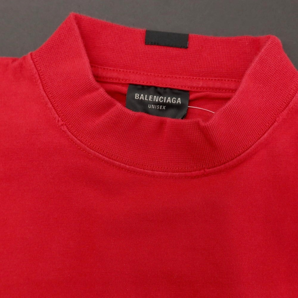 【中古】バレンシアガ BALENCIAGA ダメージ加工 コットン モックネック 半袖Tシャツ レッド【サイズ2】【 状態ランクA 】【 メンズ 】