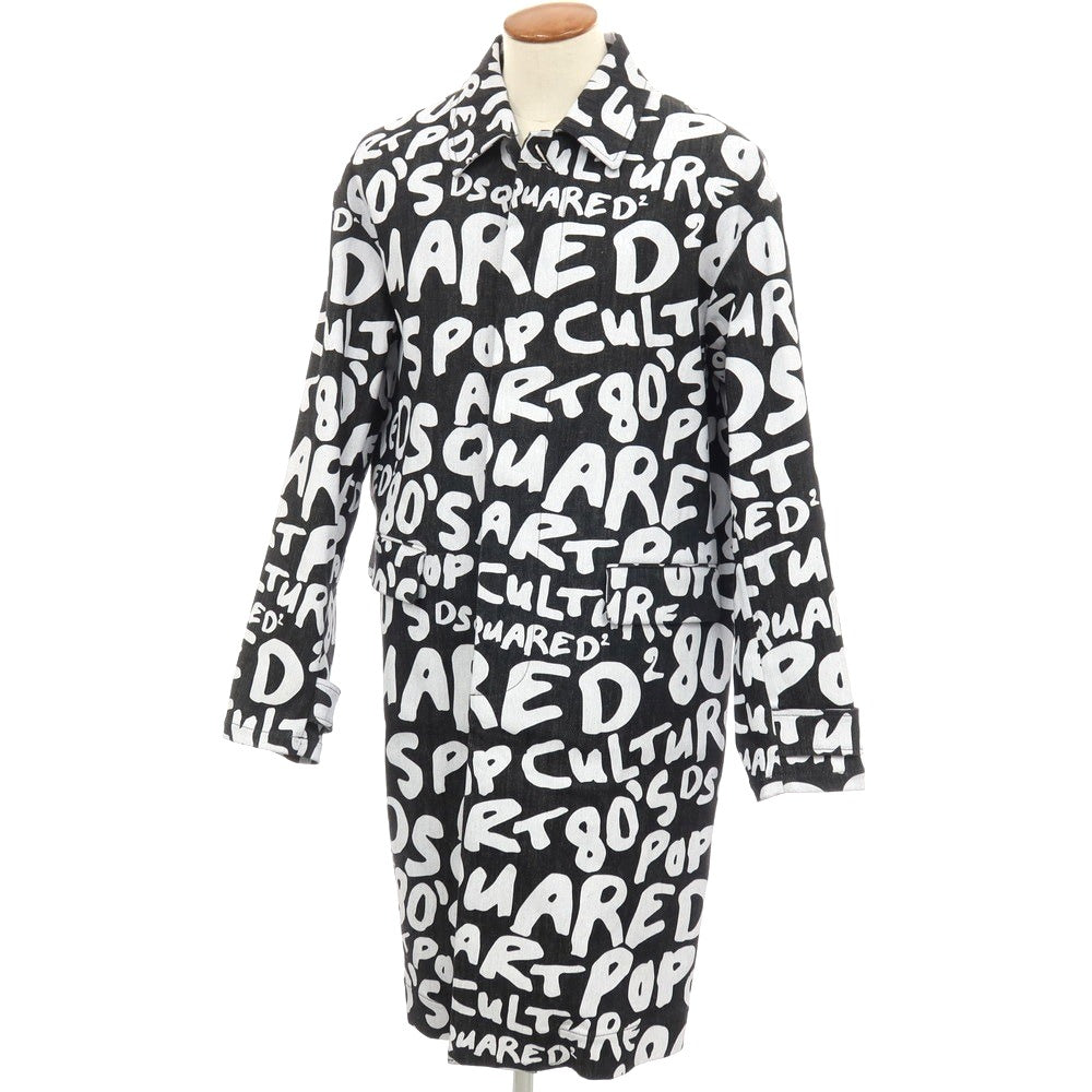 【新品アウトレット】ディースクエアード DSQUARED2 ストレッチ デニム D2 Pop 80’ ロゴプリント ステンカラーコート ブラックxホワイト【サイズ48】【 状態ランクN- 】【 メンズ 】