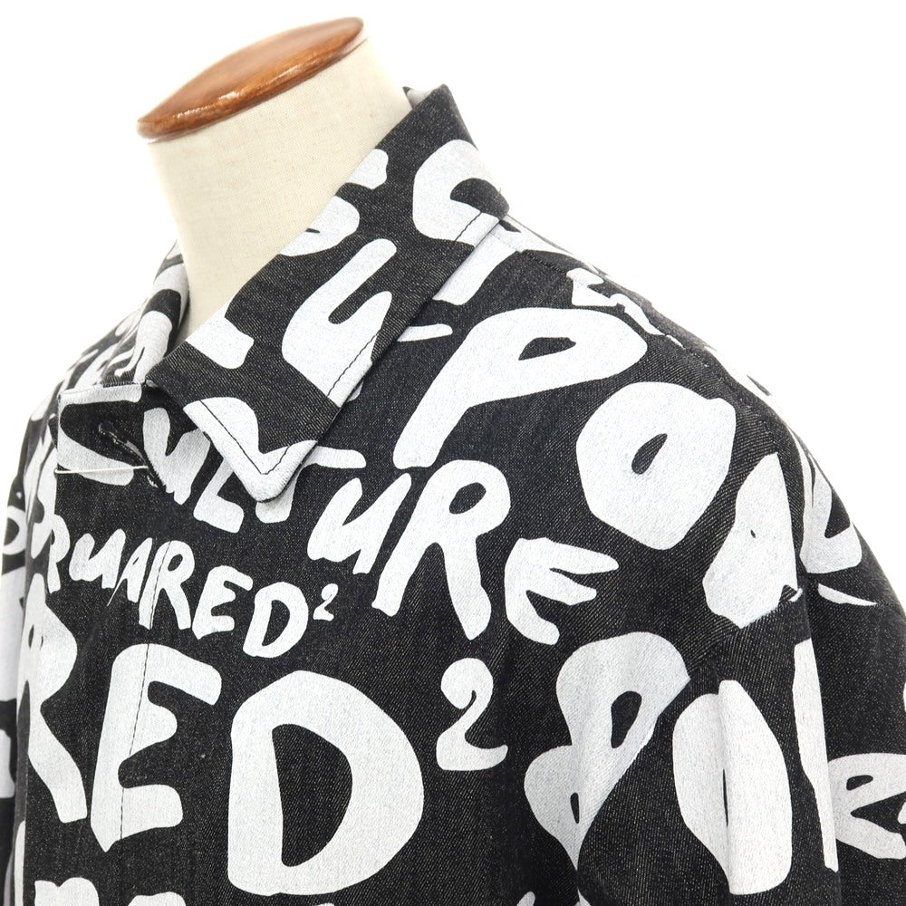 【新品アウトレット】ディースクエアード DSQUARED2 ストレッチ デニム D2 Pop 80’ ロゴプリント ステンカラーコート ブラックxホワイト【サイズ48】【 状態ランクN- 】【 メンズ 】