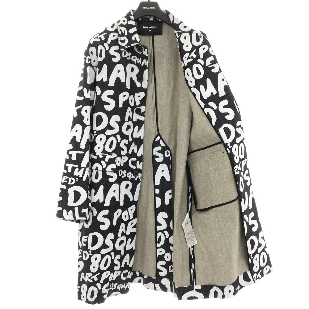 【新品アウトレット】ディースクエアード DSQUARED2 ストレッチ デニム D2 Pop 80’ ロゴプリント ステンカラーコート ブラックxホワイト【サイズ48】【 状態ランクN- 】【 メンズ 】