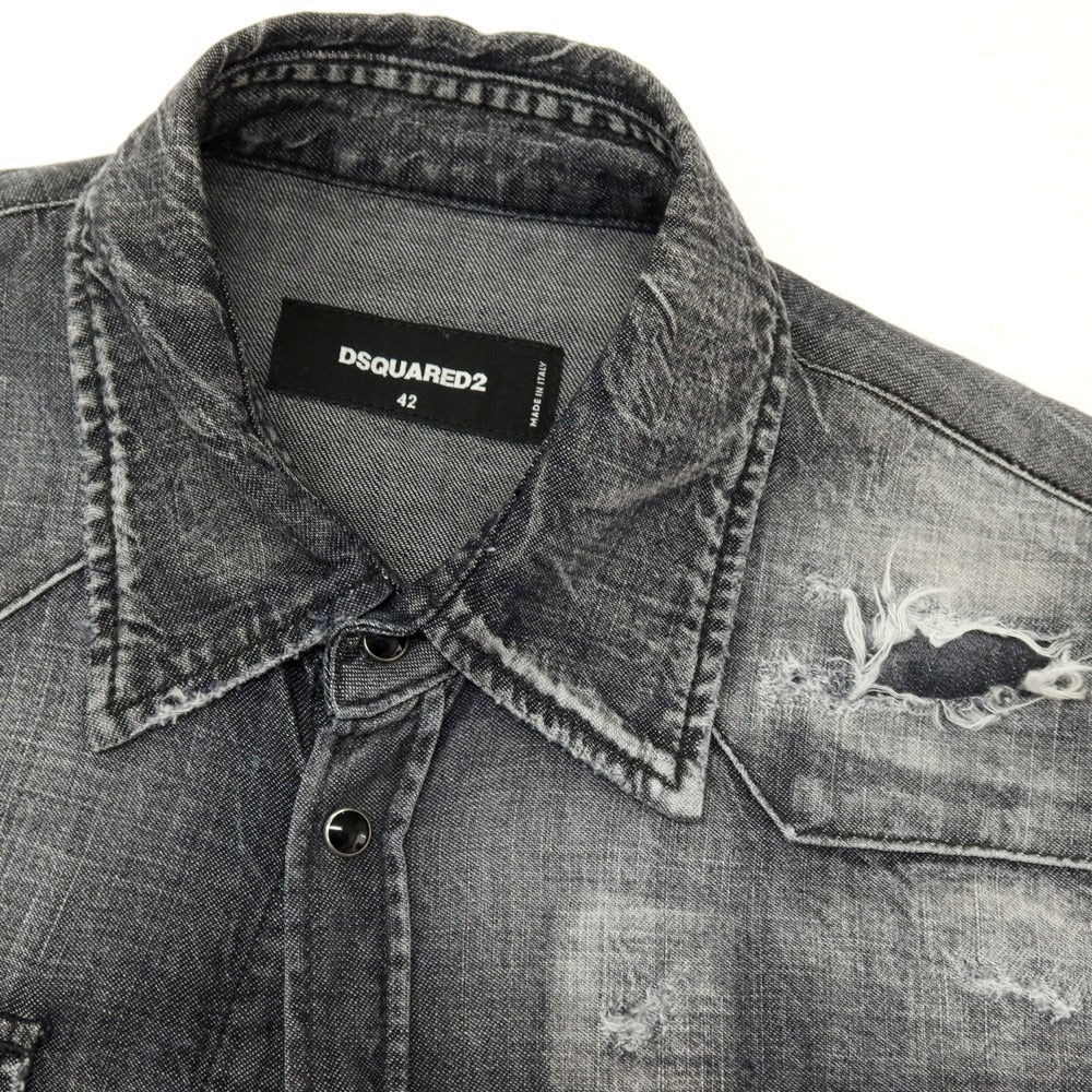 【新品】ディースクエアード DSQUARED2 Classic Westem Shirt ダメージ加工 コットン デニム ウエスタンシャツ ブラック【サイズ42】【 状態ランクN 】【 メンズ 】