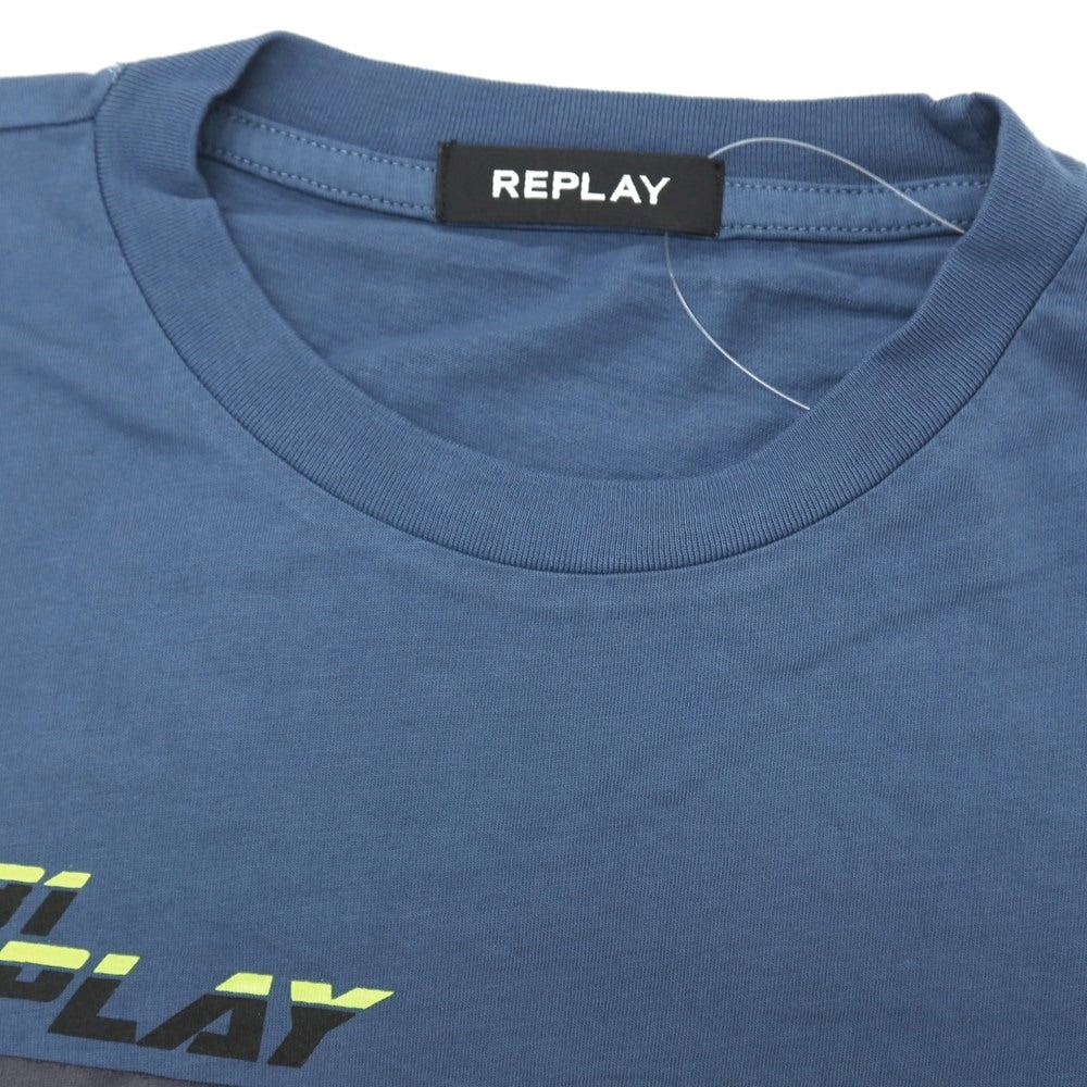 【新品】リプレイ REPLAY コットン RACING GARAGE プリント クルーネック 半袖Tシャツ ダルブルー【サイズS】【 状態ランクN 】【 メンズ 】