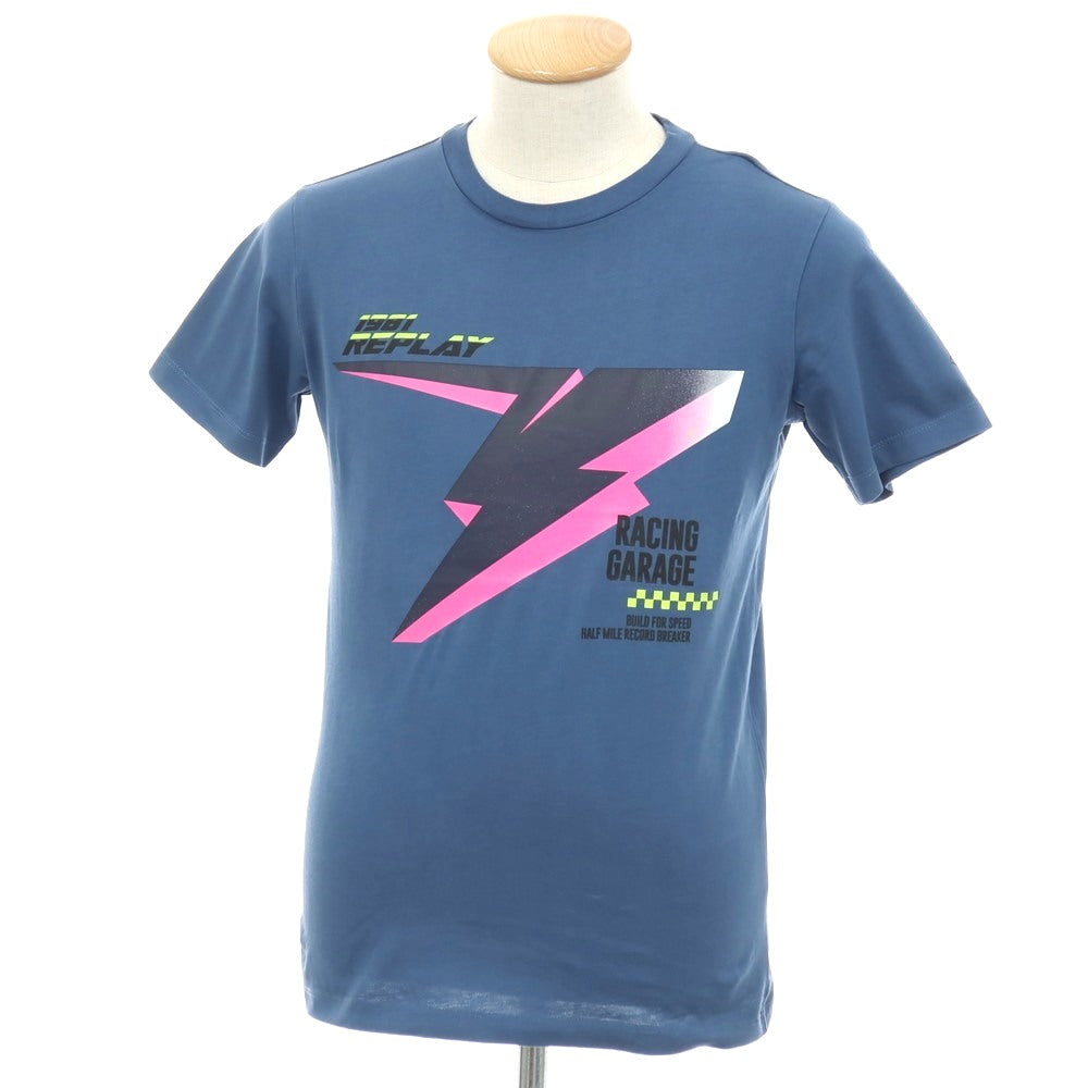【新品アウトレット】リプレイ REPLAY コットン RACING GARAGE プリント クルーネック 半袖Tシャツ ダルブルー【サイズS】【 状態ランクN- 】【 メンズ 】
