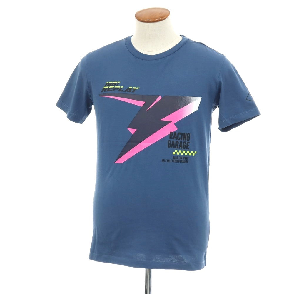 【新品アウトレット】リプレイ REPLAY コットン RACING GARAGE プリント クルーネック 半袖Tシャツ ダルブルー【サイズM】【 状態ランクN- 】【 メンズ 】
