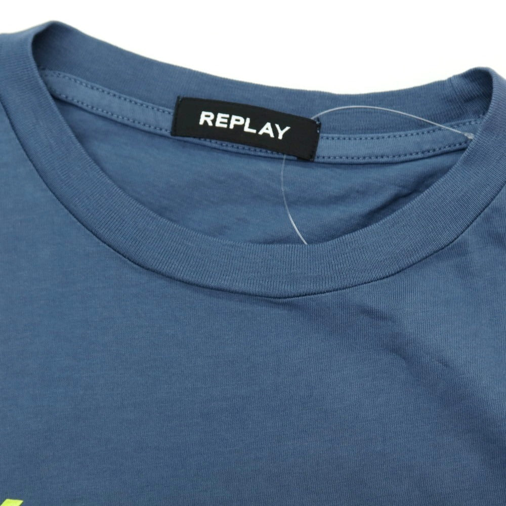 【新品アウトレット】リプレイ REPLAY コットン RACING GARAGE プリント クルーネック 半袖Tシャツ ダルブルー【サイズM】【 状態ランクN- 】【 メンズ 】