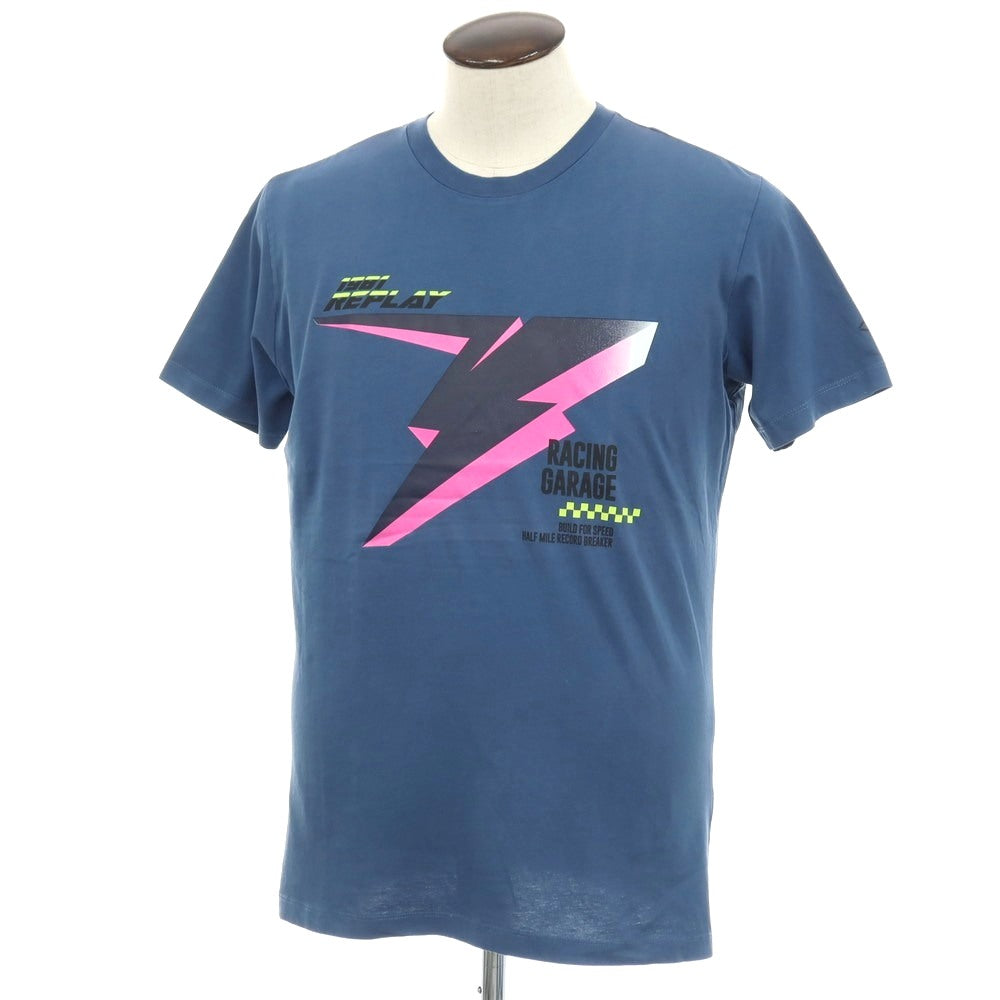 【新品アウトレット】リプレイ REPLAY コットン RACING GARAGE プリント クルーネック 半袖Tシャツ ダルブルー【サイズXL】【 状態ランクN- 】【 メンズ 】