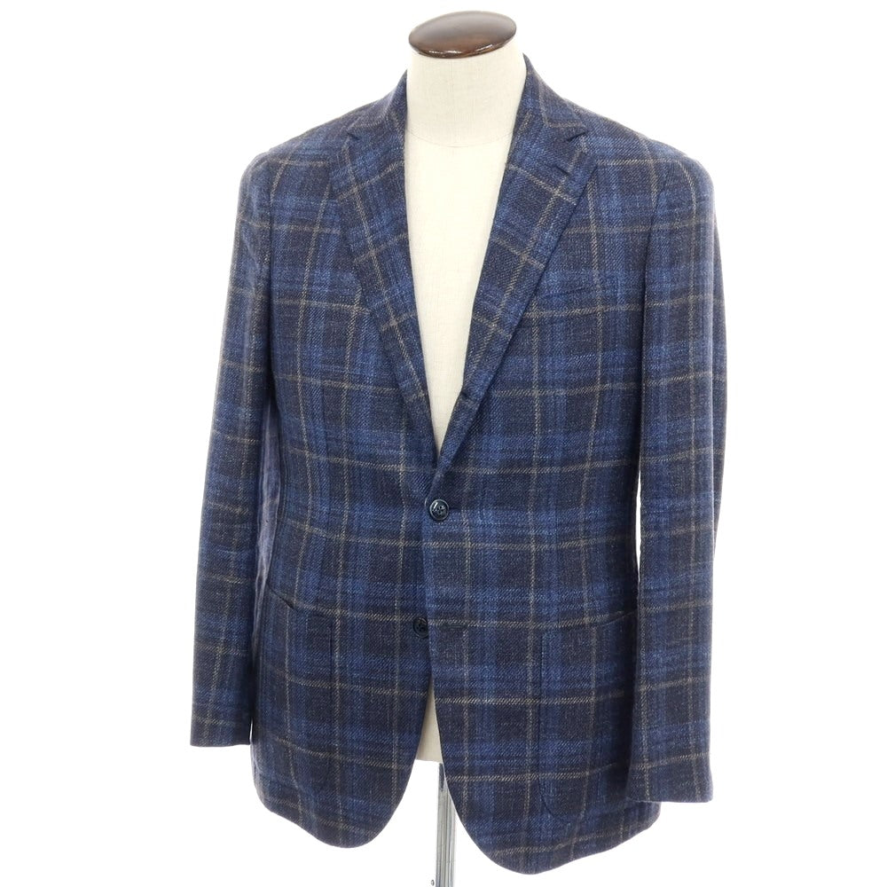 【中古】バルバ BARBA ウールシルクリネン チェック 3B テーラードジャケット ネイビーxベージュ【サイズ50】【 状態ランクC 】【 メンズ 】