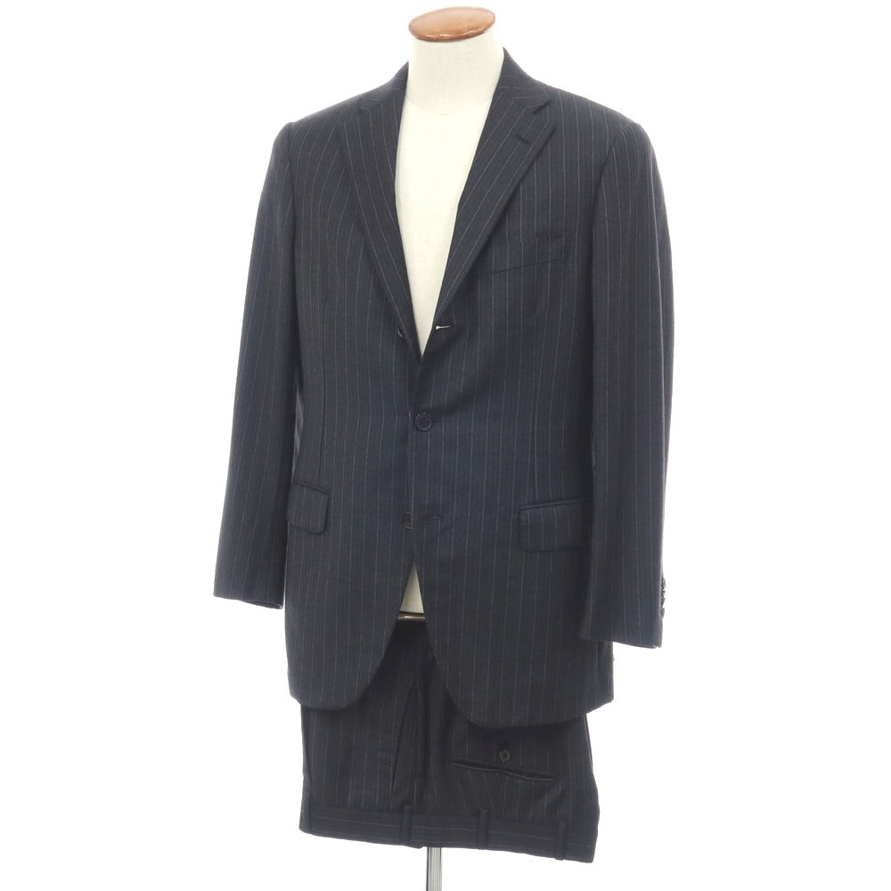 【中古】ベルベスト Belvest ISETAN MEN’S別注 ウール ストライプ 3つボタンスーツ ダークグレーxパープル【サイズ48】【 状態ランクB 】【 メンズ 】