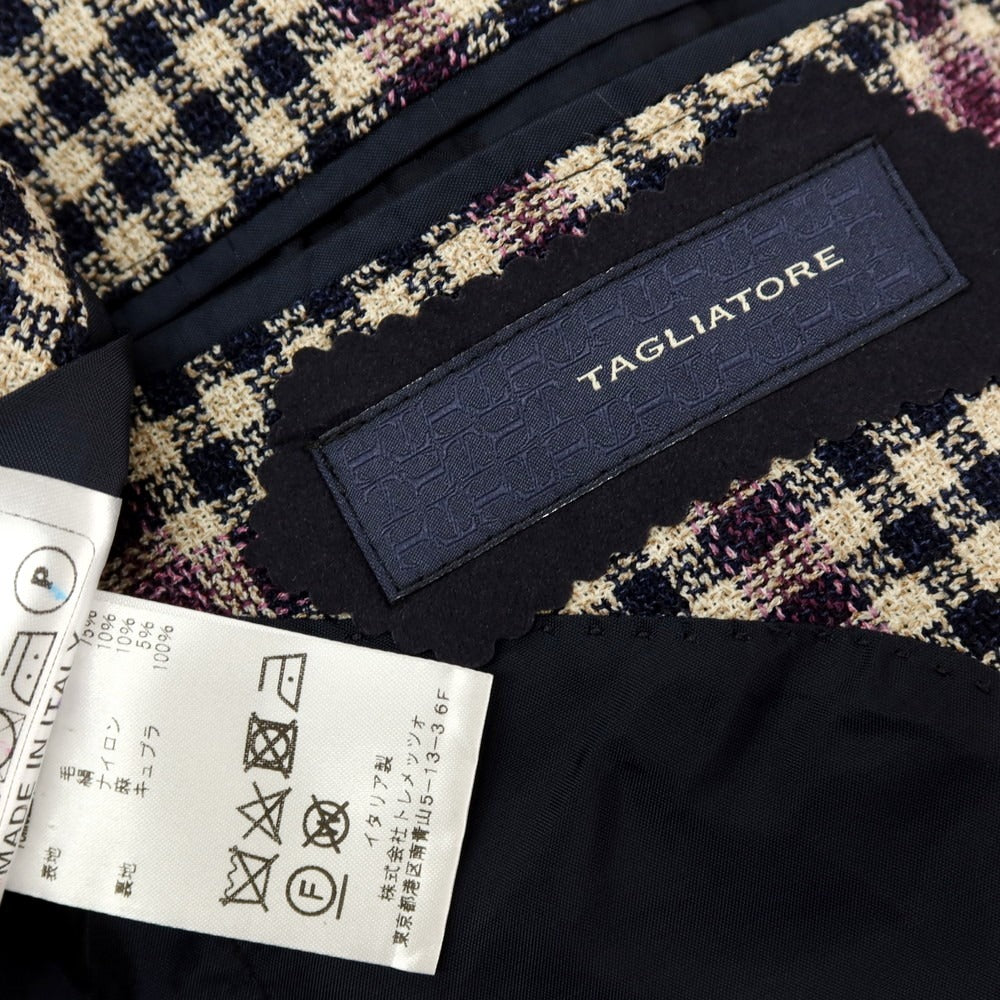 【中古】タリアトーレ TAGLIATORE ウールシルクナイロンリネン チェック 2B カジュアルジャケット ライトベージュxネイビー【 サイズ48 】【 状態ランクB 】【 メンズ 】